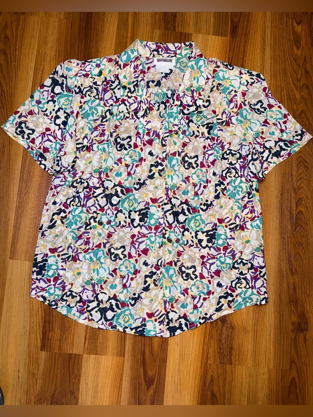 Worthington Floral Button-Front Blouse in White, Teal, Navy, Purple